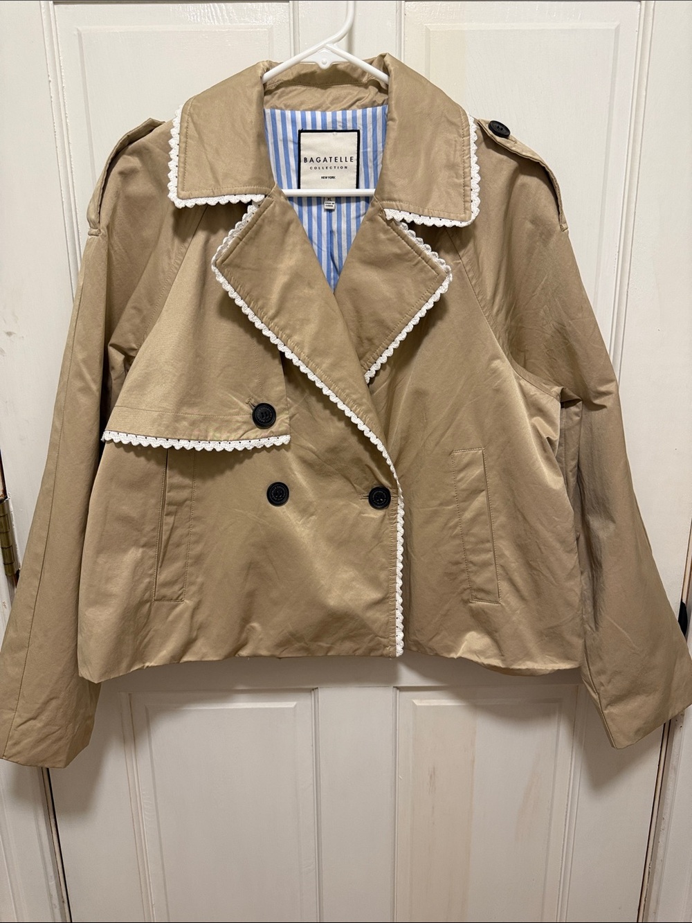 bagatelle Tan Cropped Trench Coat with White Trim